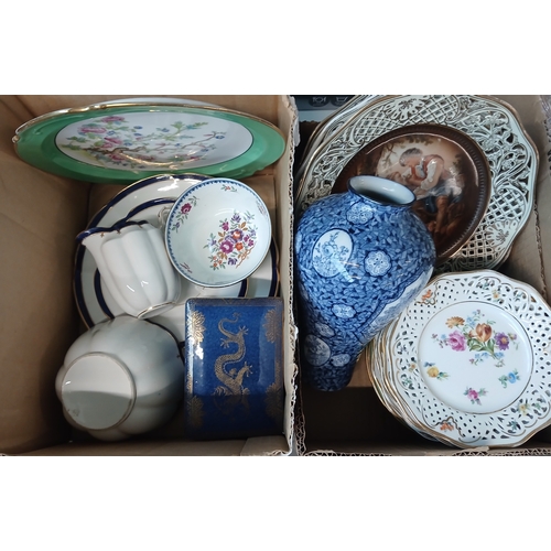 415 - 2 boxes of ceramics to include pierced rim plates, Dresden, Maling, etc