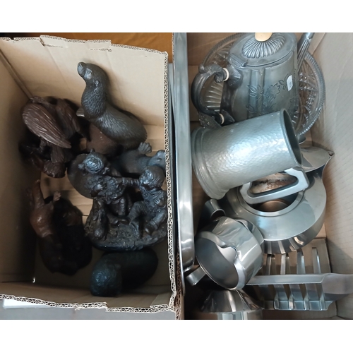 416 - A box of metal ware including stainless and pewter, and a box of Heredities figures
