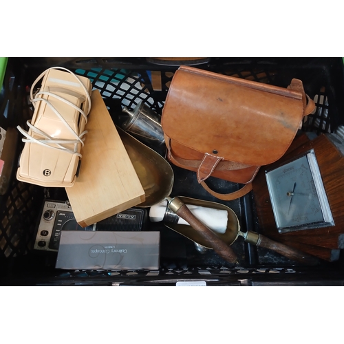 417 - A mixed box to include Alba radio, telephone set in the form of a car, leather bag, brass scoops, ca... 