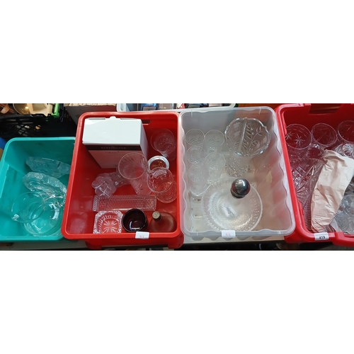 419 - 4 boxes of glass ware including ships decanter, drinking glasses, vases, 2 Mats Jonasson crystal fig... 