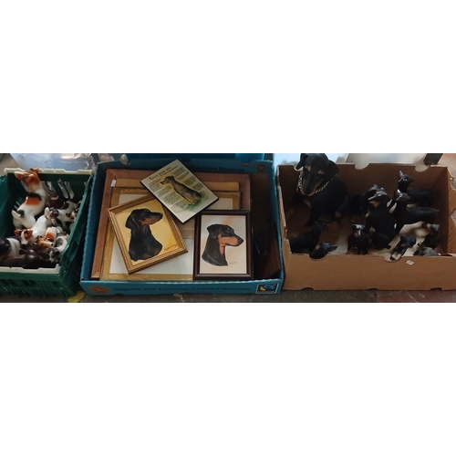 422 - 2 boxes of mainly dog figures, including 4 Beswick, together with a box of dog pictures