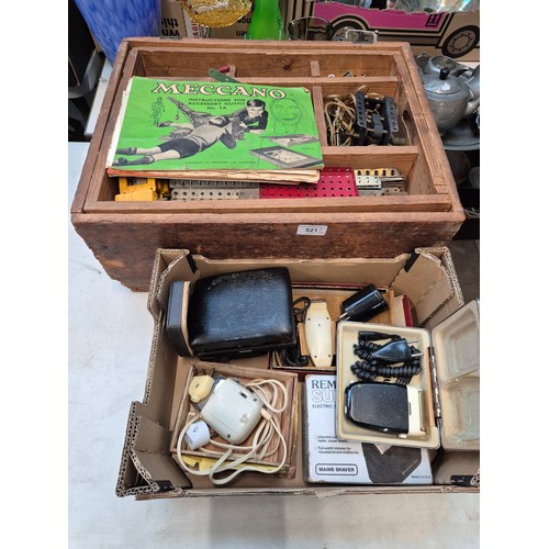 297 - A wooden box of assorted Meccano and a box of vintage shavers
