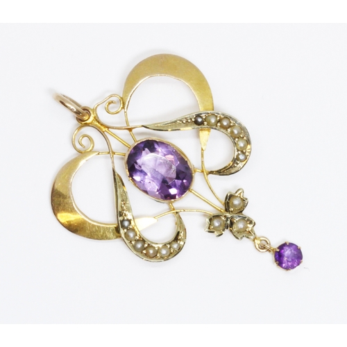 13 - An Edwardian style amethyst and split pearl pendant, marked 'S Bros' and '9ct Gold', gross weight 2.... 