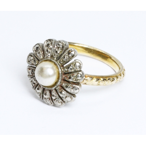 20 - A hallmarked 9ct gold with the matched white metal marcasite and simulated pearl cluster, gross weig... 