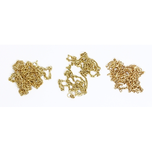 23 - A group of three 9ct gold chains, import marks, lengths 44cm to 54cm, weight 16.4g.