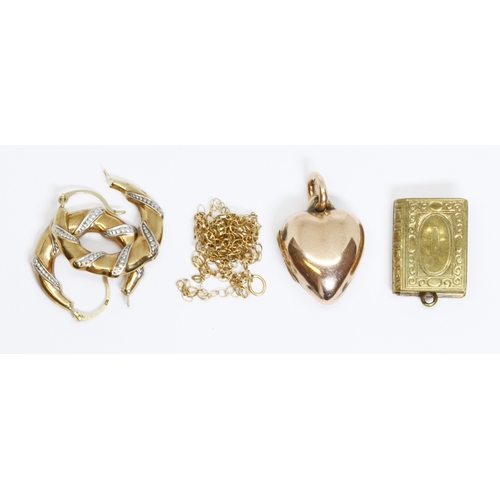 24 - A mixed lot comprising a pair of earrings marked '375', a chain marked '9k', weight 1.9g, an antique... 