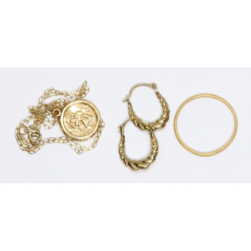 38 - A mixed lot comprising a hallmarked 22ct gold ring, weight 1.2g, and a St Christopher pendant on cha... 
