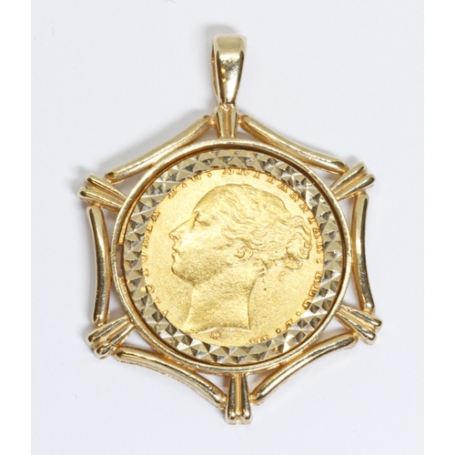 4 - A Victoria Melbourne Mint young head 1879 sovereign within 9ct gold pendant mount, hallmarked; spons... 