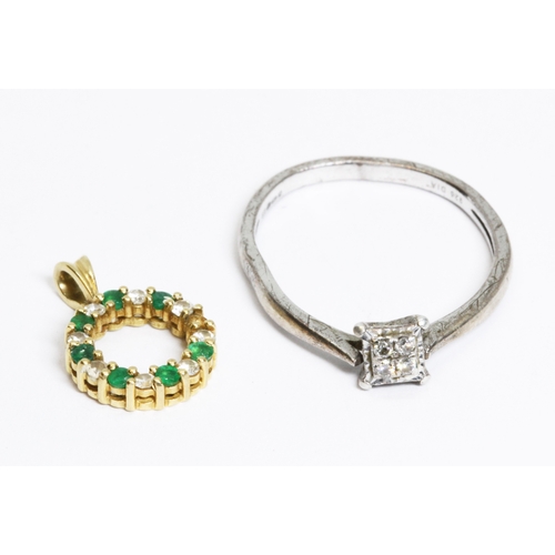 47 - A hallmarked 18ct gold diamond and emerald pendant and a white metal ring, gross weight 3.1g.