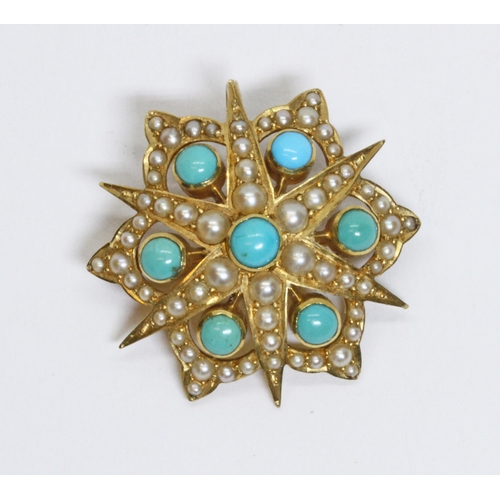 48 - An antique split pearl and turquoise pendant brooch, yellow metal unmarked, gross weight 5.5g, diame... 