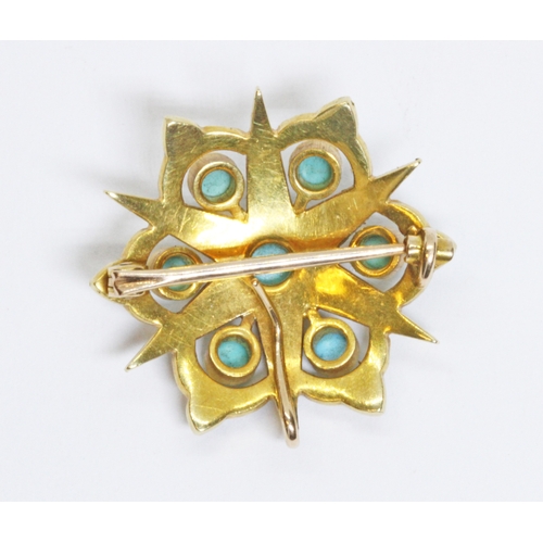 48 - An antique split pearl and turquoise pendant brooch, yellow metal unmarked, gross weight 5.5g, diame... 