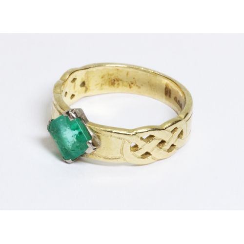 58 - An emerald ring, the square cut stone measuring approximately 5.86mm x 6.10mm, depth 3.22mm, Celtic ... 