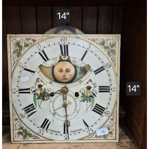 15 - A grandfather clock painted face marked Hodghan, Preston, with weights.