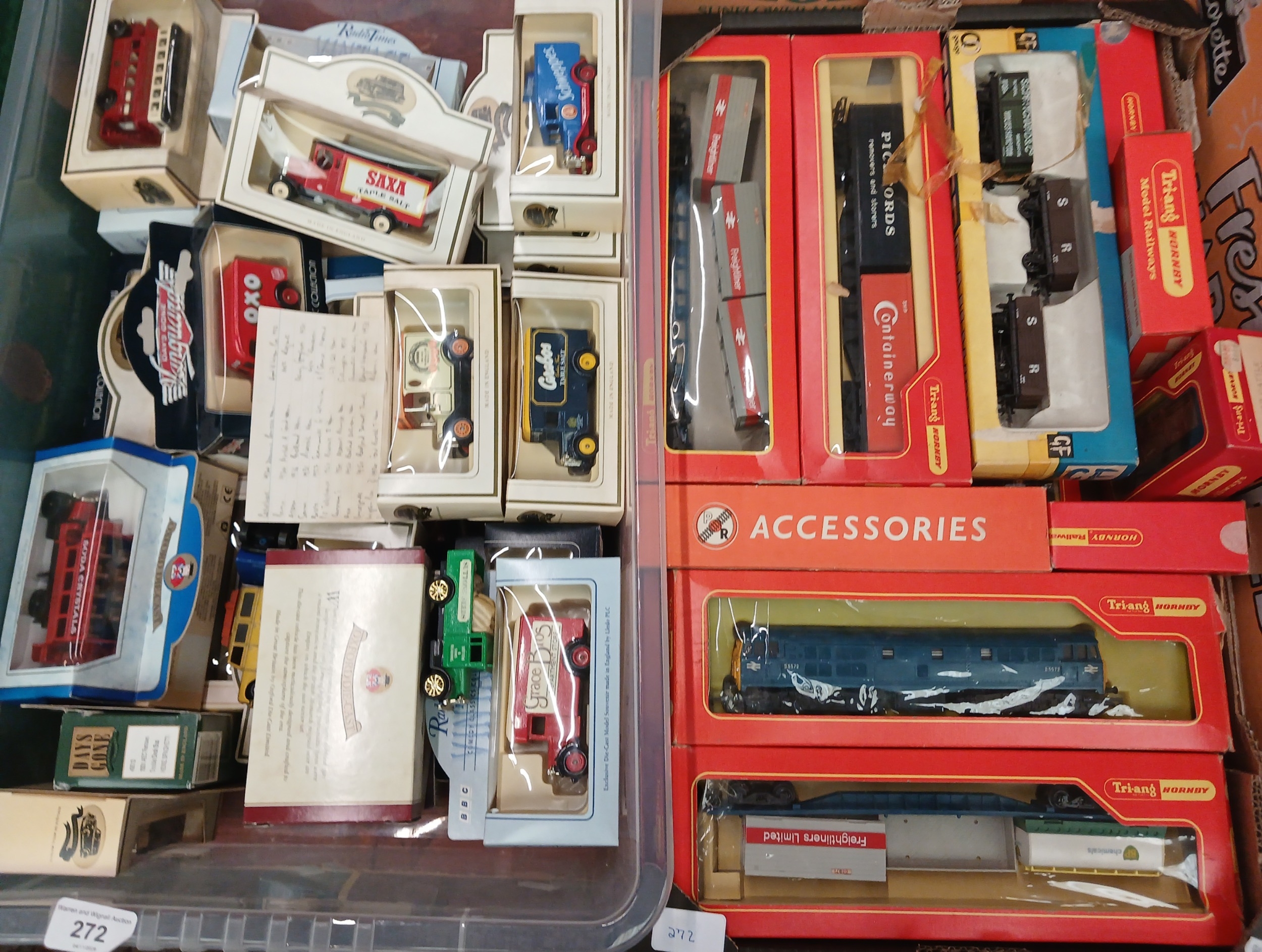 A box of boxed Triang Hornby engines and rolling stock, a box of boxed ...