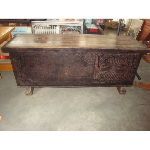 85 - Antique Carved Pine Wood Cypriot Trunk