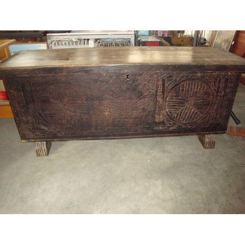 85 - Antique Carved Pine Wood Cypriot Trunk