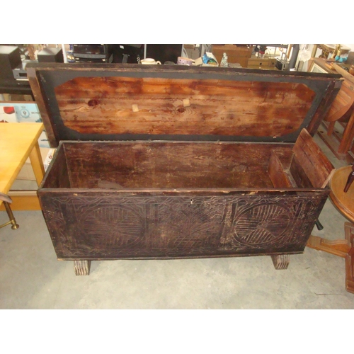 85 - Antique Carved Pine Wood Cypriot Trunk