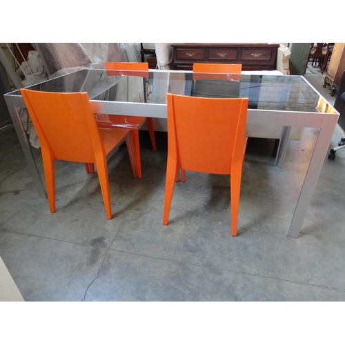 296 - Modern Glass Topped Orange Aluminium Dining Table with 4 Matching Chairs-New