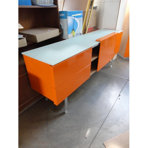 297 - Modern Orange Glass Topped TV Stand-New (Matching Previous Lot)