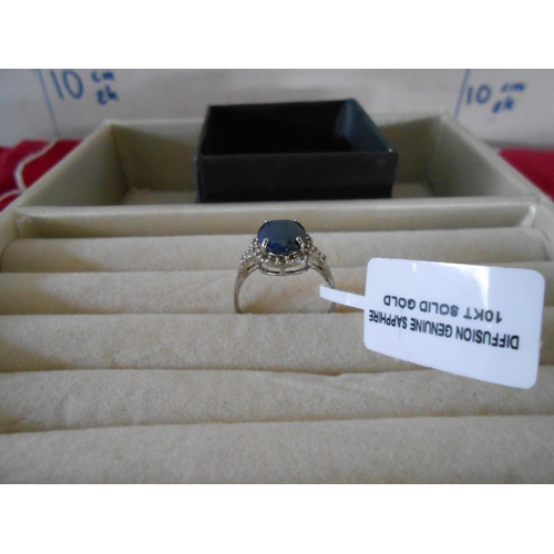 298 - 3.00CT Diffusion Genuine Sapphire & 1/4CT Created Diamond 10kt Solid Gold Ring (New)