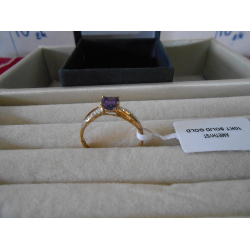 299 - 4/5 Amethyst & Created Diamond 10kt Solid Gold Ring (New)