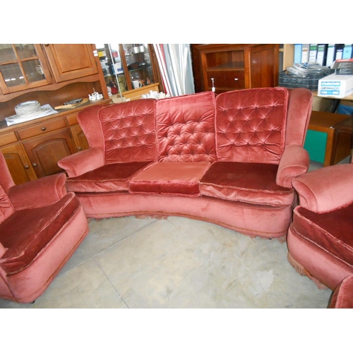 155 - Vintage Velour 3-Seater Sofa and 3 Armchairs
