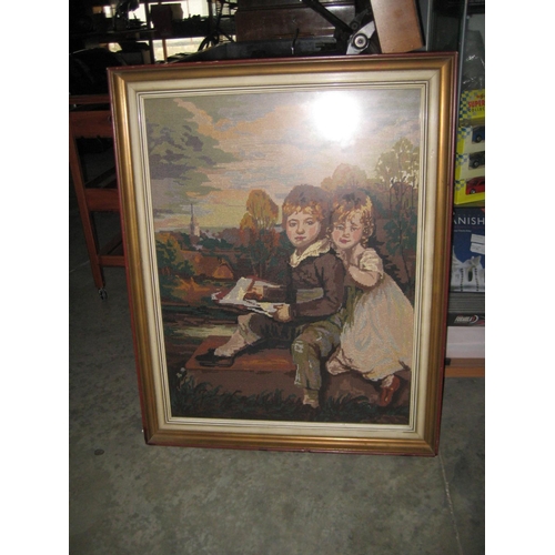 645 - Vintage Embroidery Depicting Boy & Girl Framed