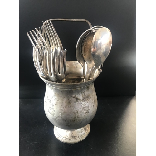 90 - Vintage Marked Silver Plated Basket with Handle and Qty of Silver Plated Folks & Spoons