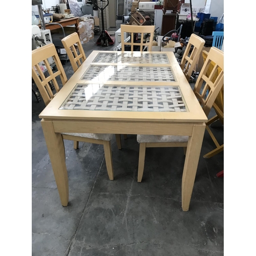 102A - Glass Topped Light Colour Wood Dining Table with 5 Upholstered Chairs and Matching Coffee Table