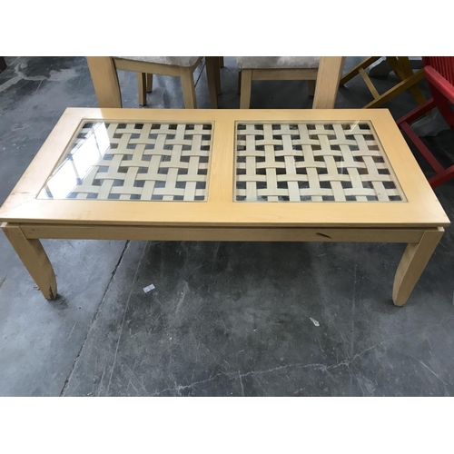 102A - Glass Topped Light Colour Wood Dining Table with 5 Upholstered Chairs and Matching Coffee Table