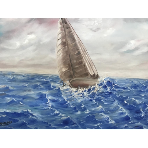 41 - Oil on Canvas 'Boat at Sea' Painting Signed by Greek 'Nikos Vikazos' (70 x 50cm)