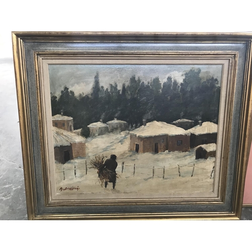 39 - Authentic Oil on Hardboard Depicting 'Village Covered with Snow' Signed by Greek 'A. Dialetis'