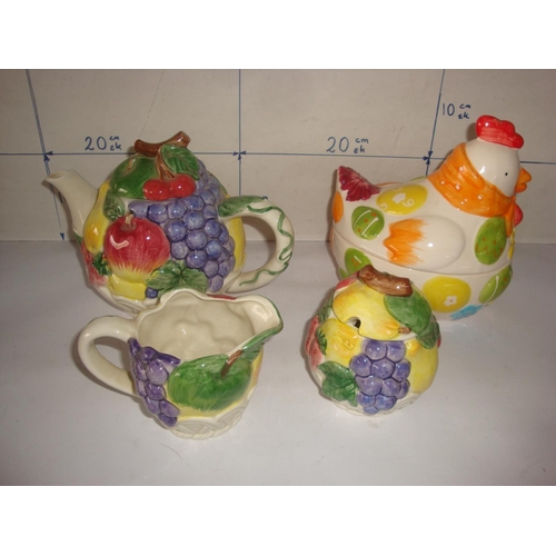 653 - Ornate Japanese Tea Pot, Milk/Sugar Jugs and Decorative Chicken