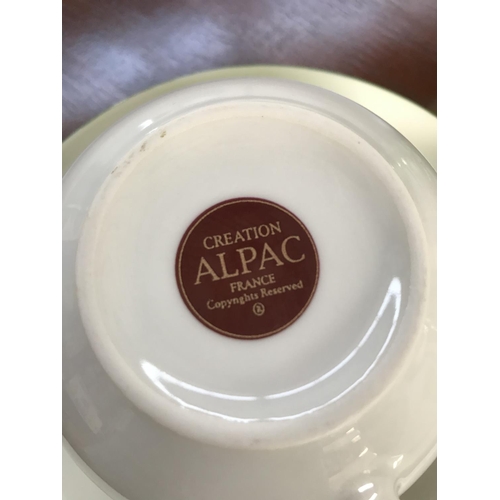 195 - Pair of Alpac France Large Green Coffee Cups with Saucers with 2 Green Glasses