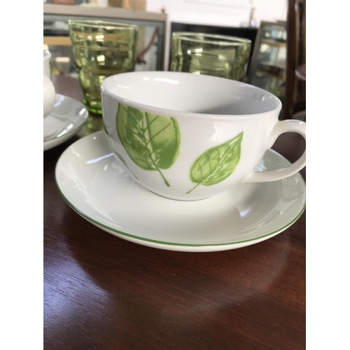 195 - Pair of Alpac France Large Green Coffee Cups with Saucers with 2 Green Glasses