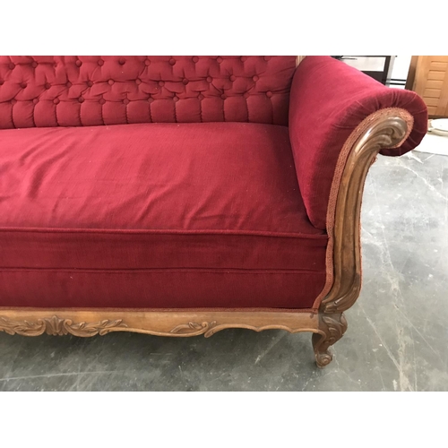 46 - Vintage Victorian Style Solid Walnut Red Two Seater Sofa (142 W. x 79 D. x 95cm H.)