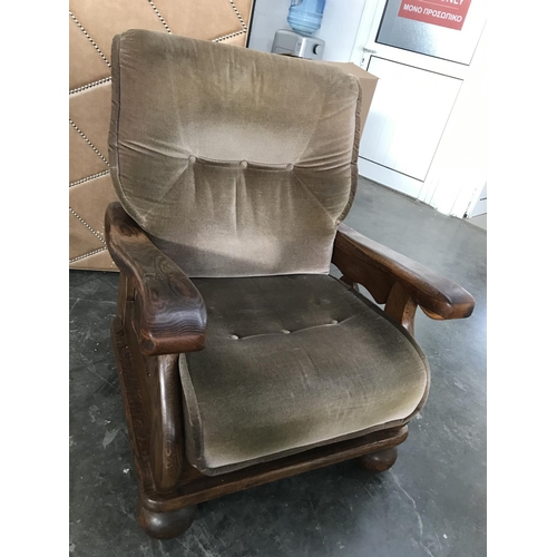 200 - Vintage Solid Oak Velour Upholstered Armchair