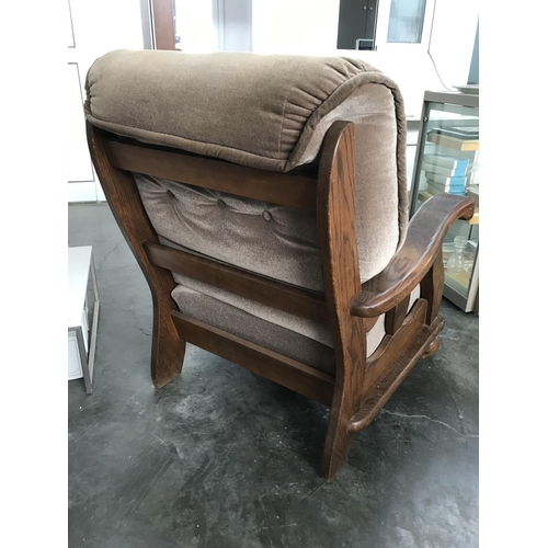 200 - Vintage Solid Oak Velour Upholstered Armchair