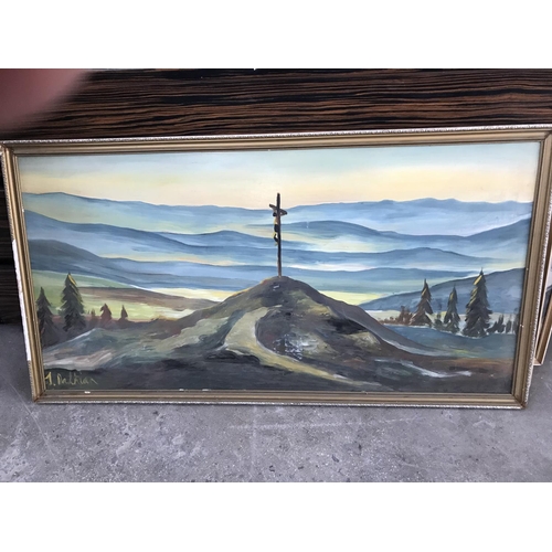 153 - Oil on Hardboard Depicting Landscape with Jesus on Cross Signed 'J.Dalkian' (127 x 67cm)