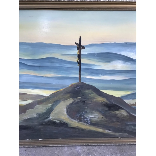 153 - Oil on Hardboard Depicting Landscape with Jesus on Cross Signed 'J.Dalkian' (127 x 67cm)