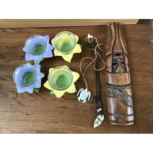 366 - Ornate Candle Holders, African Carved Wood Ornament and Pendants