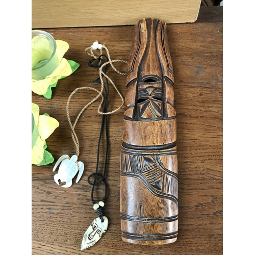 366 - Ornate Candle Holders, African Carved Wood Ornament and Pendants