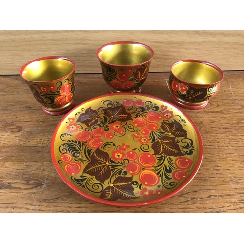 511 - Hand Painted Wooden Russian Decorative Tray with 3 Cups