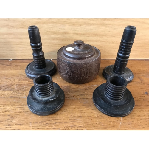 562 - Collection of Vintage Ebony Candle Holders and Circular Lidded Box