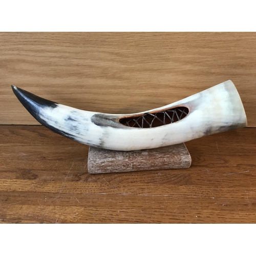 568 - Vintage Horn Ornament on Wooden Base (35cm)