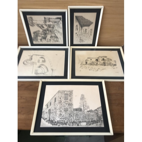 99 - x5 Pencil Drawing Framed Prints of Cyprus Villages (Kakopetria, Pera Oreinis (x2), Agia Anna and Pse... 