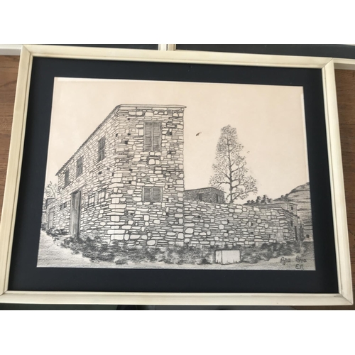 99 - x5 Pencil Drawing Framed Prints of Cyprus Villages (Kakopetria, Pera Oreinis (x2), Agia Anna and Pse... 