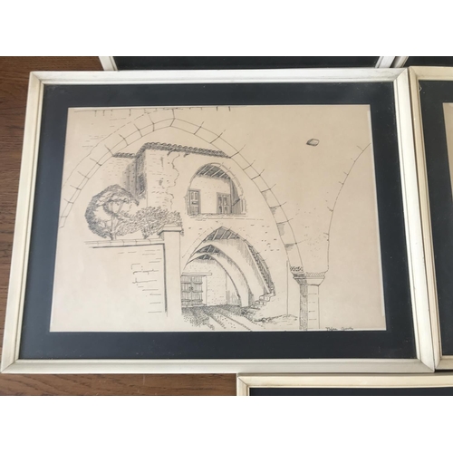 99 - x5 Pencil Drawing Framed Prints of Cyprus Villages (Kakopetria, Pera Oreinis (x2), Agia Anna and Pse... 