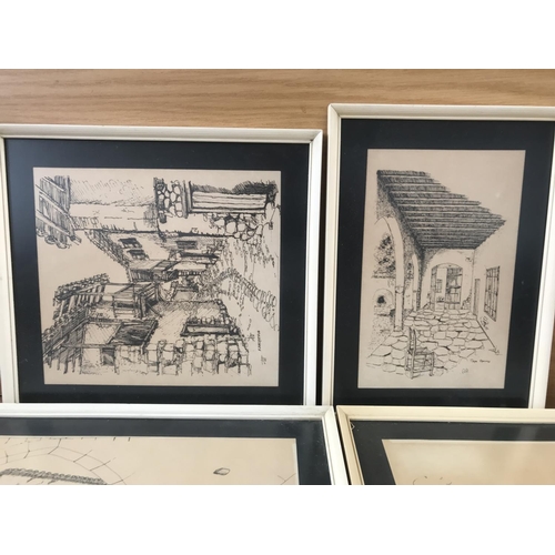 99 - x5 Pencil Drawing Framed Prints of Cyprus Villages (Kakopetria, Pera Oreinis (x2), Agia Anna and Pse... 