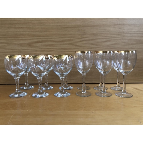 170 - x12 Red and White Wine Glasses with Gold Rim.